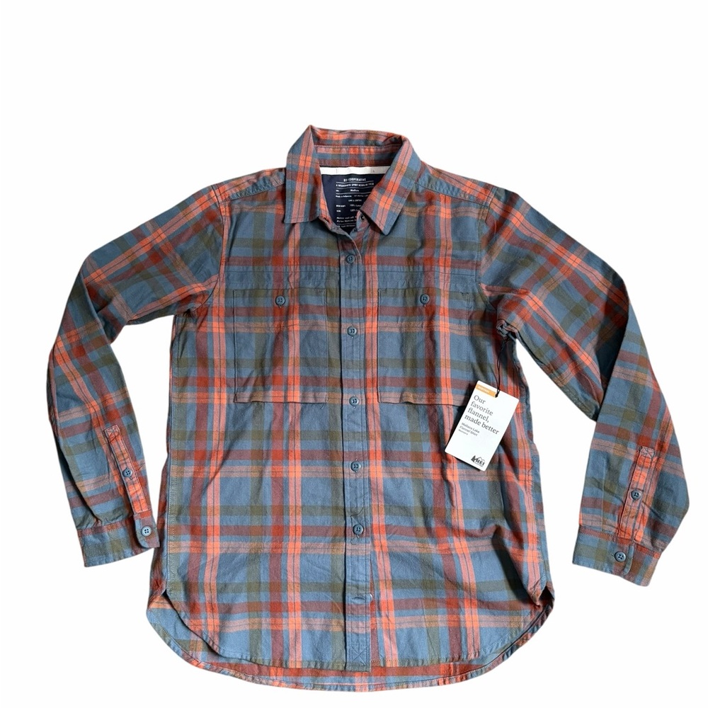 REI Co-op Wallace Lake Flannel Shirt Plaid Granite Medium NWT Organic Cotton